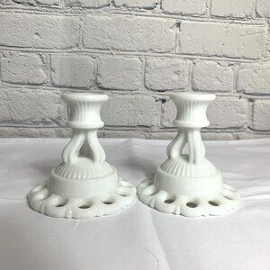 Westmoreland Doric Lace White Milk Glass Candlestick Holders